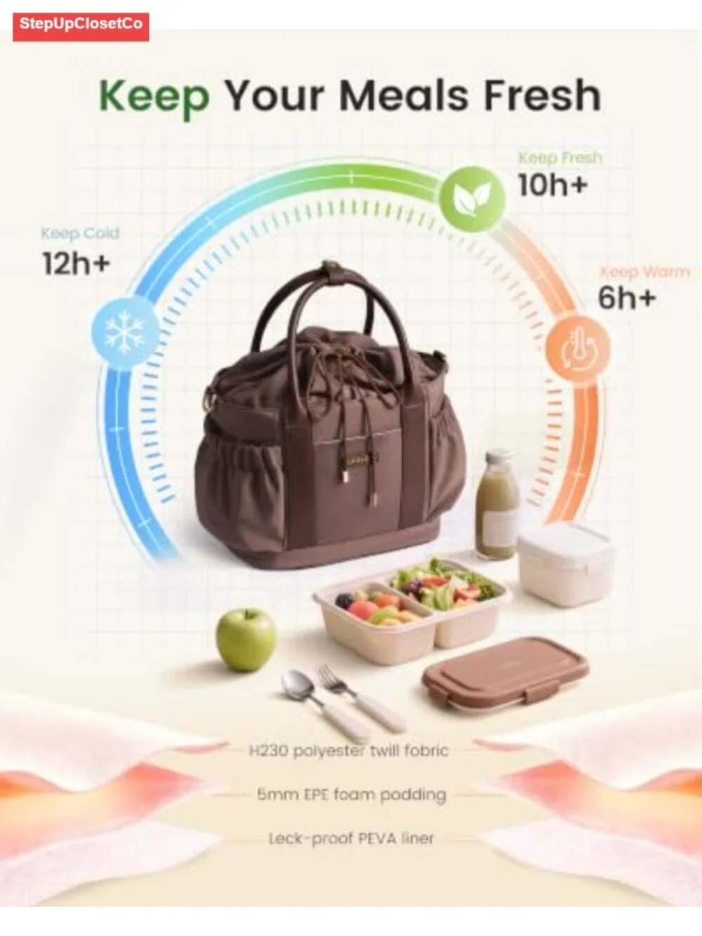 Insulated Drawstring Lunch Bag Women, Adult Lunch Box, 15L